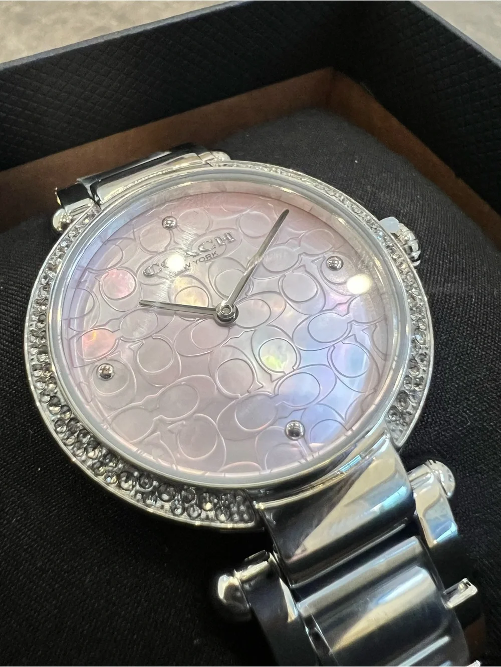 Coach Silver Bracelet Watch with Pale Pink Logo Dial
